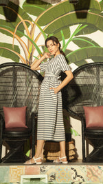 Load image into Gallery viewer, Shirred Waist Stripe Dress — Vertical Blue on Top
