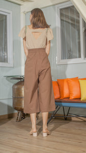 Single Button Front Zip Flat Front Waistband Back Elastic Wide Hem Pants — Dark Brown