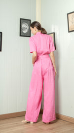 Load image into Gallery viewer, Four Button Lapel Wide Hem Jumpsuit — Taffy Pink

