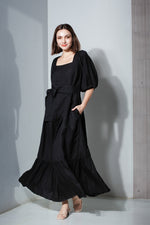 Load image into Gallery viewer, Back Zip Puff Sleeve Dress in Black Linen
