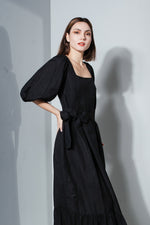 Load image into Gallery viewer, Back Zip Puff Sleeve Dress in Black Linen
