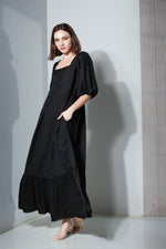 Load image into Gallery viewer, Back Zip Puff Sleeve Dress in Black Linen
