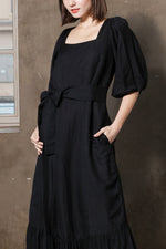 Load image into Gallery viewer, Back Zip Puff Sleeve Dress in Black Linen
