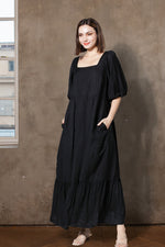 Load image into Gallery viewer, Back Zip Puff Sleeve Dress in Black Linen
