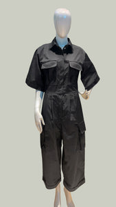 Bell Sleeve Crop Jumpsuit — Black Cotton Twill