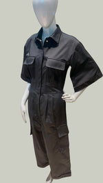 Load image into Gallery viewer, Bell Sleeve Crop Jumpsuit — Black Cotton Twill

