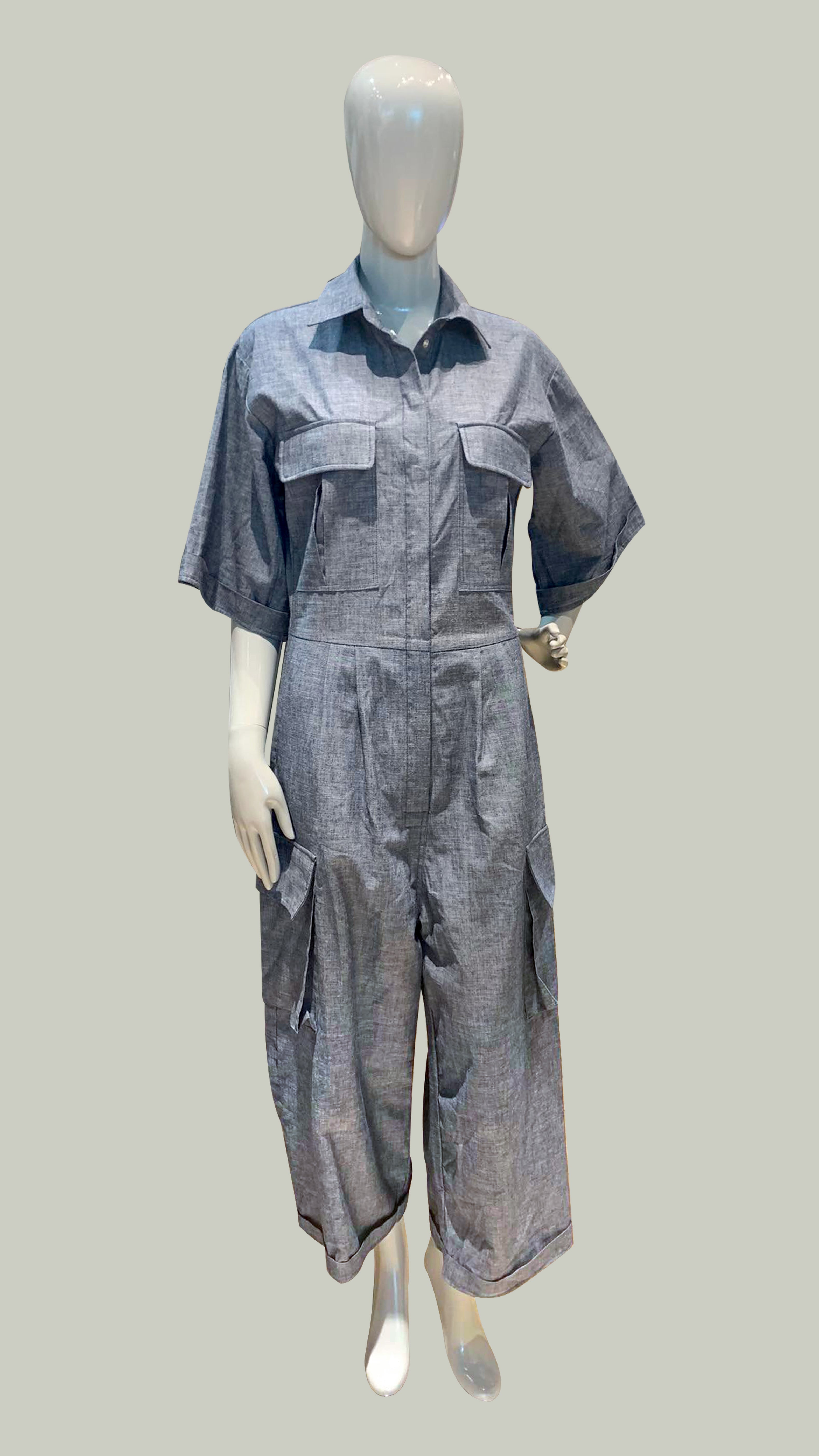 Bell Sleeve Crop Jumpsuit — Dark Blue Soft Denim