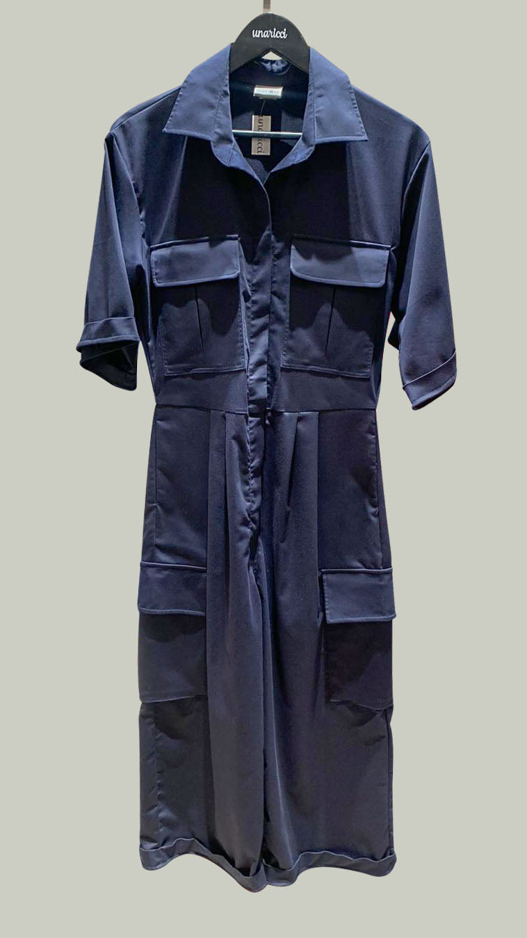 Bell Sleeve Crop Jumpsuit - Blue Cotton Twill