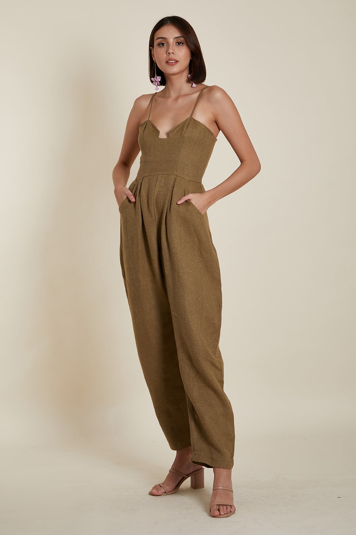 Sweetheart Baggy Jumpsuit in Brown Thick Woven Linen