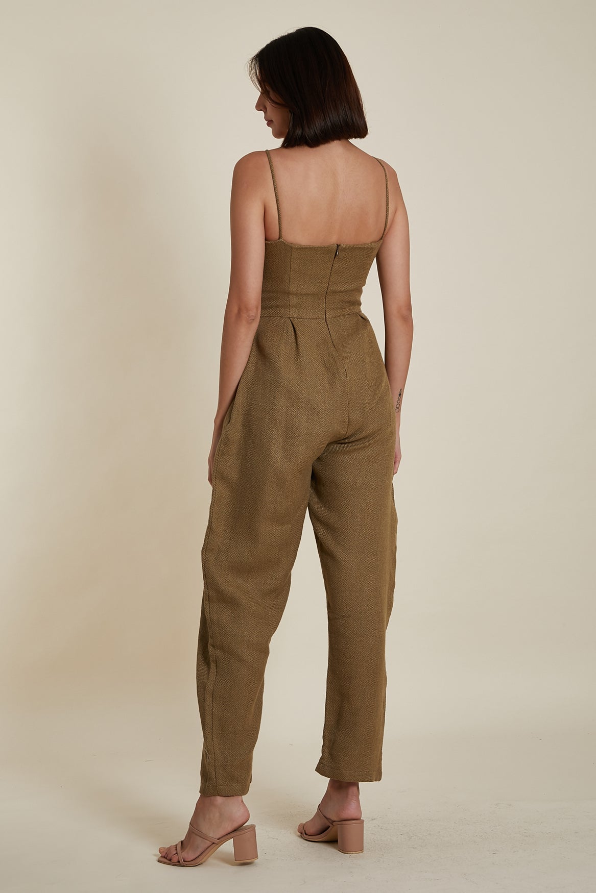 Sweetheart Baggy Jumpsuit in Brown Thick Woven Linen