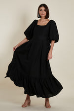 Load image into Gallery viewer, Back Zip Puff Sleeve Dress in Black Linen
