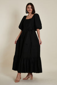 Back Zip Puff Sleeve Dress in Black Linen