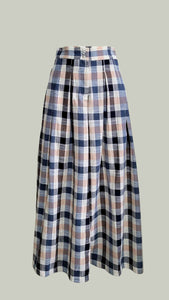 Double Front Pleat Wide Hem Pants — Blue Gingham