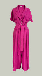 Load image into Gallery viewer, Four Button Lapel Wide Hem Jumpsuit — Magenta
