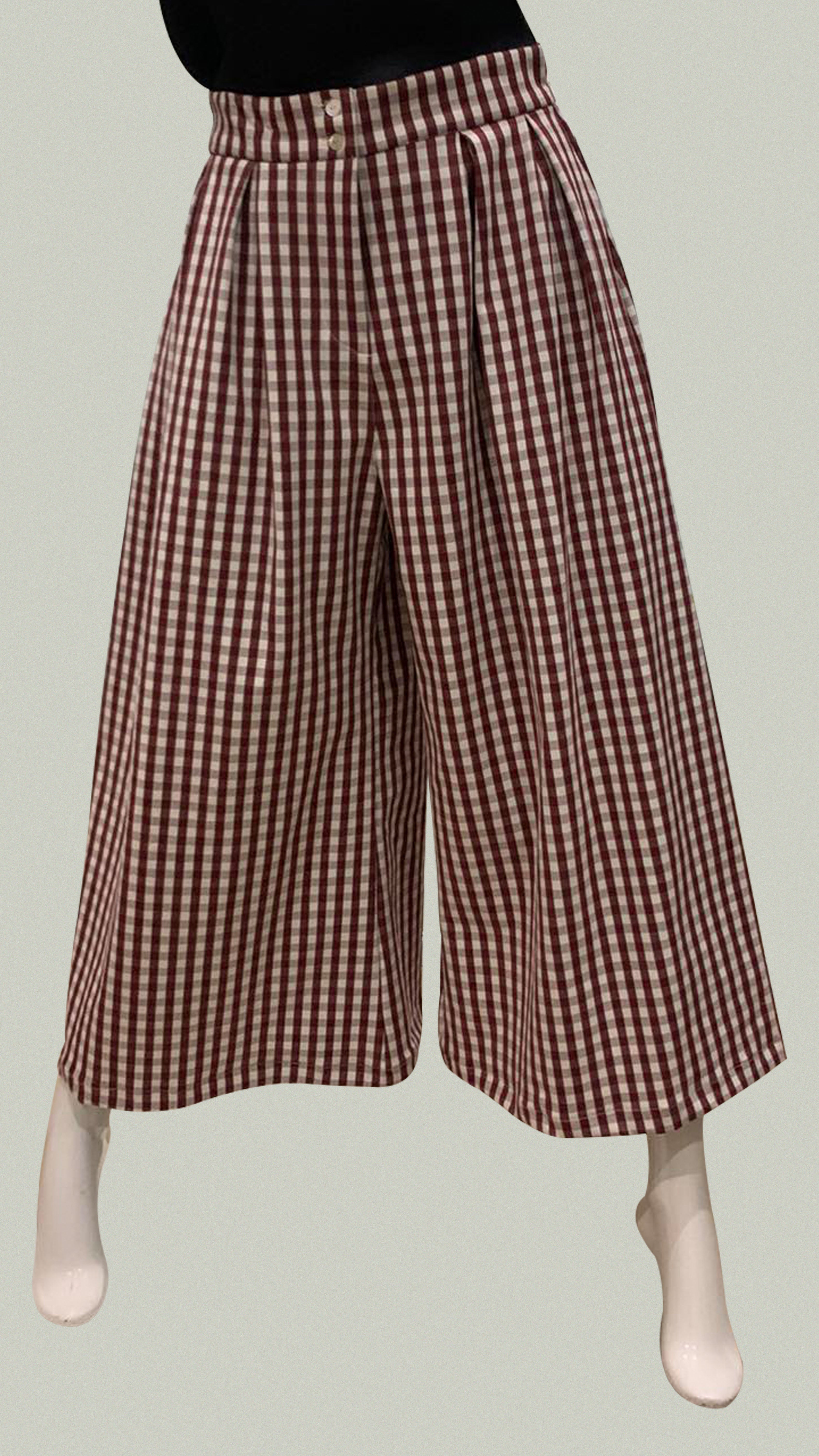 Double Front Pleat Wide Leg Pants in White and Maroon Gingham