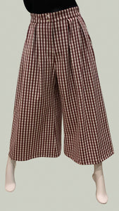 Double Front Pleat Wide Leg Pants in White and Maroon Gingham