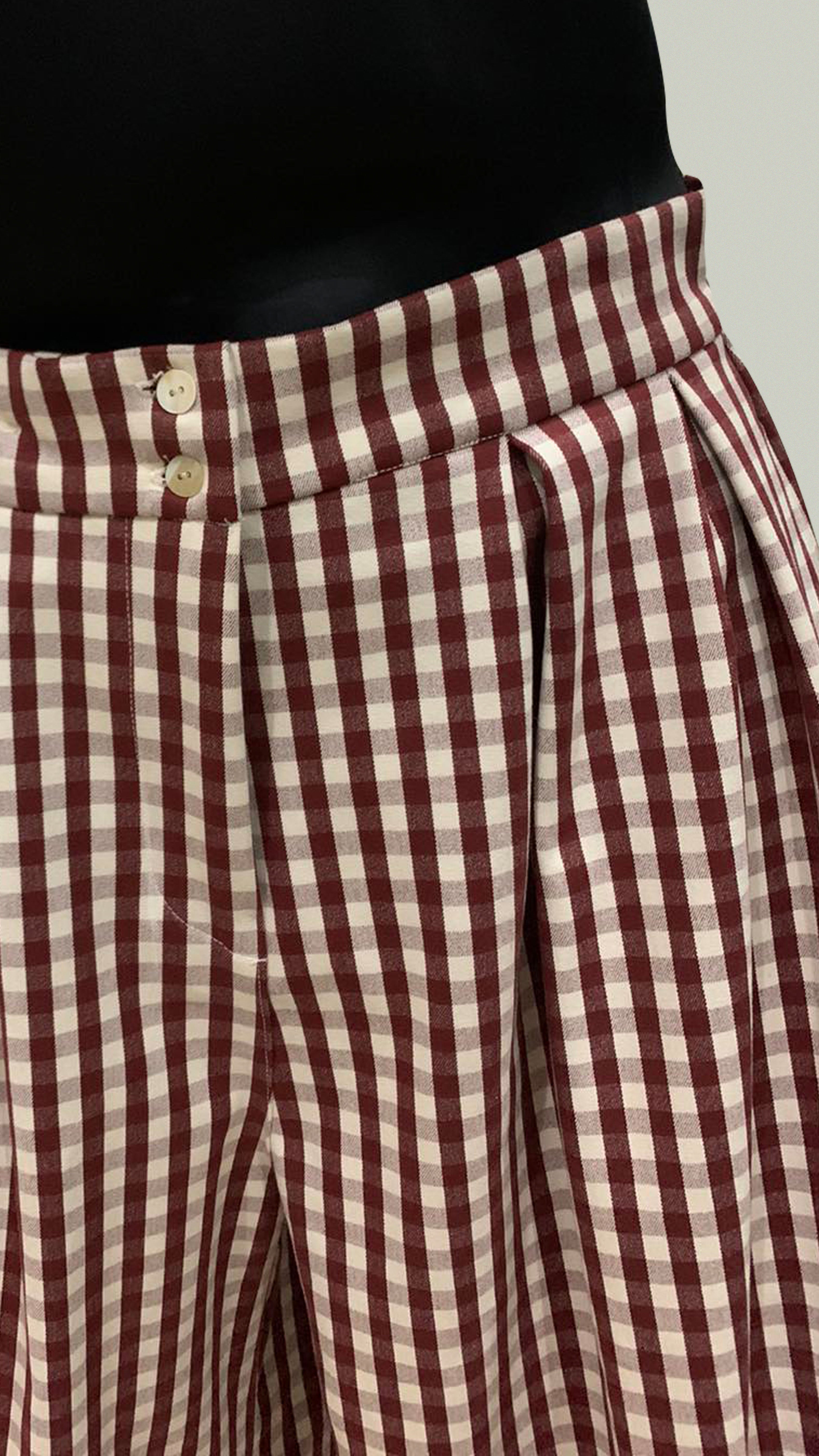Double Front Pleat Wide Leg Pants in White and Maroon Gingham