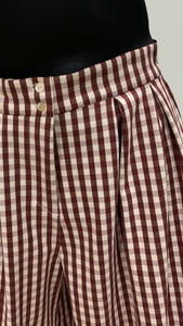 Double Front Pleat Wide Leg Pants in White and Maroon Gingham