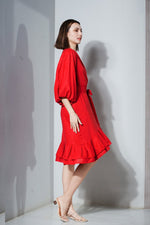 Load image into Gallery viewer, Pleated Hem with Mushroom Sleeve Wrap Dress

