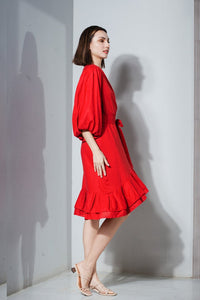 Pleated Hem with Mushroom Sleeve Wrap Dress