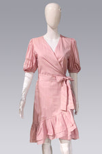 Load image into Gallery viewer, Pleated Hem with Puff Sleeve Wrap Dress
