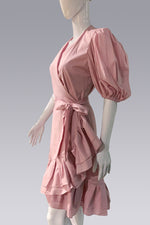 Load image into Gallery viewer, Pleated Hem with Puff Sleeve Wrap Dress
