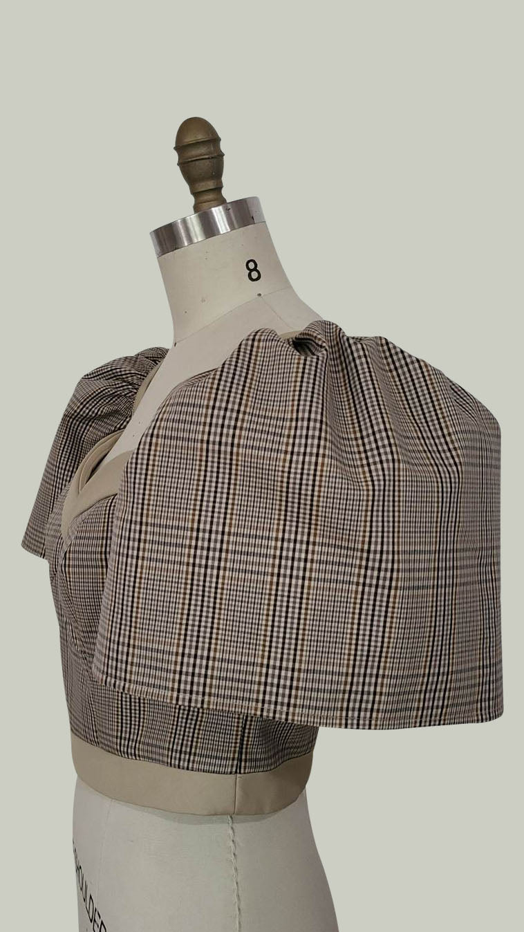 Cup Detail Corset with Puff Sleeve — Checkered / Khaki