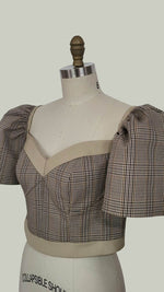 Load image into Gallery viewer, Cup Detail Corset with Puff Sleeve — Checkered / Khaki
