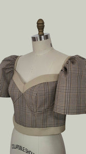 Cup Detail Corset with Puff Sleeve — Checkered / Khaki