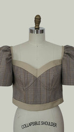 Load image into Gallery viewer, Cup Detail Corset with Puff Sleeve — Checkered / Khaki
