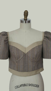 Cup Detail Corset with Puff Sleeve — Checkered / Khaki