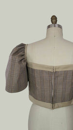 Load image into Gallery viewer, Cup Detail Corset with Puff Sleeve — Checkered / Khaki
