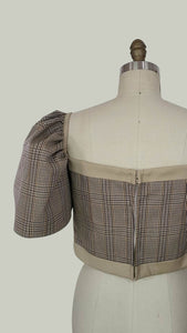 Cup Detail Corset with Puff Sleeve — Checkered / Khaki
