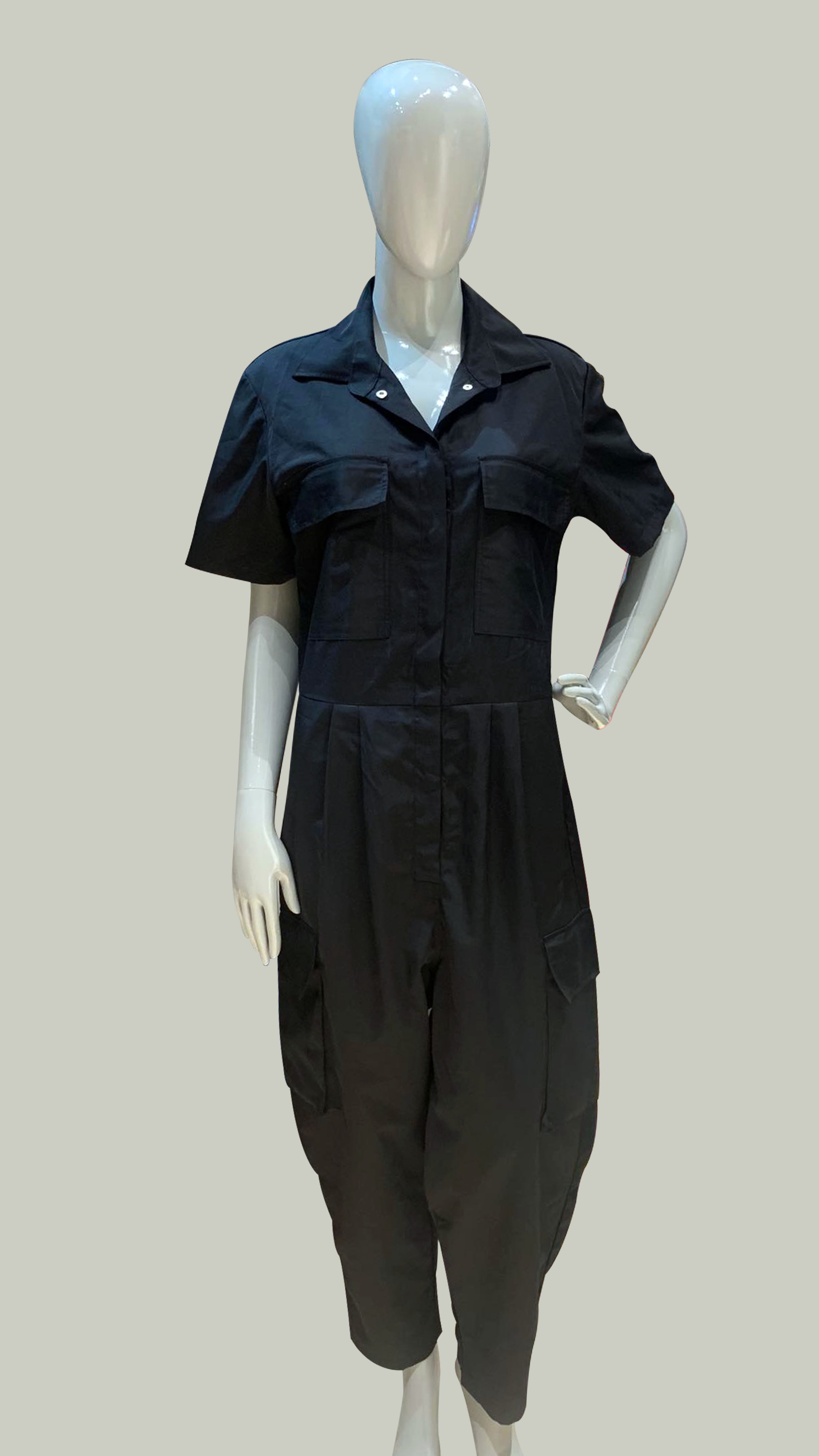 Short Sleeve Baggy Jumpsuit — Black Cotton Twill
