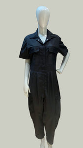 Short Sleeve Baggy Jumpsuit — Black Cotton Twill