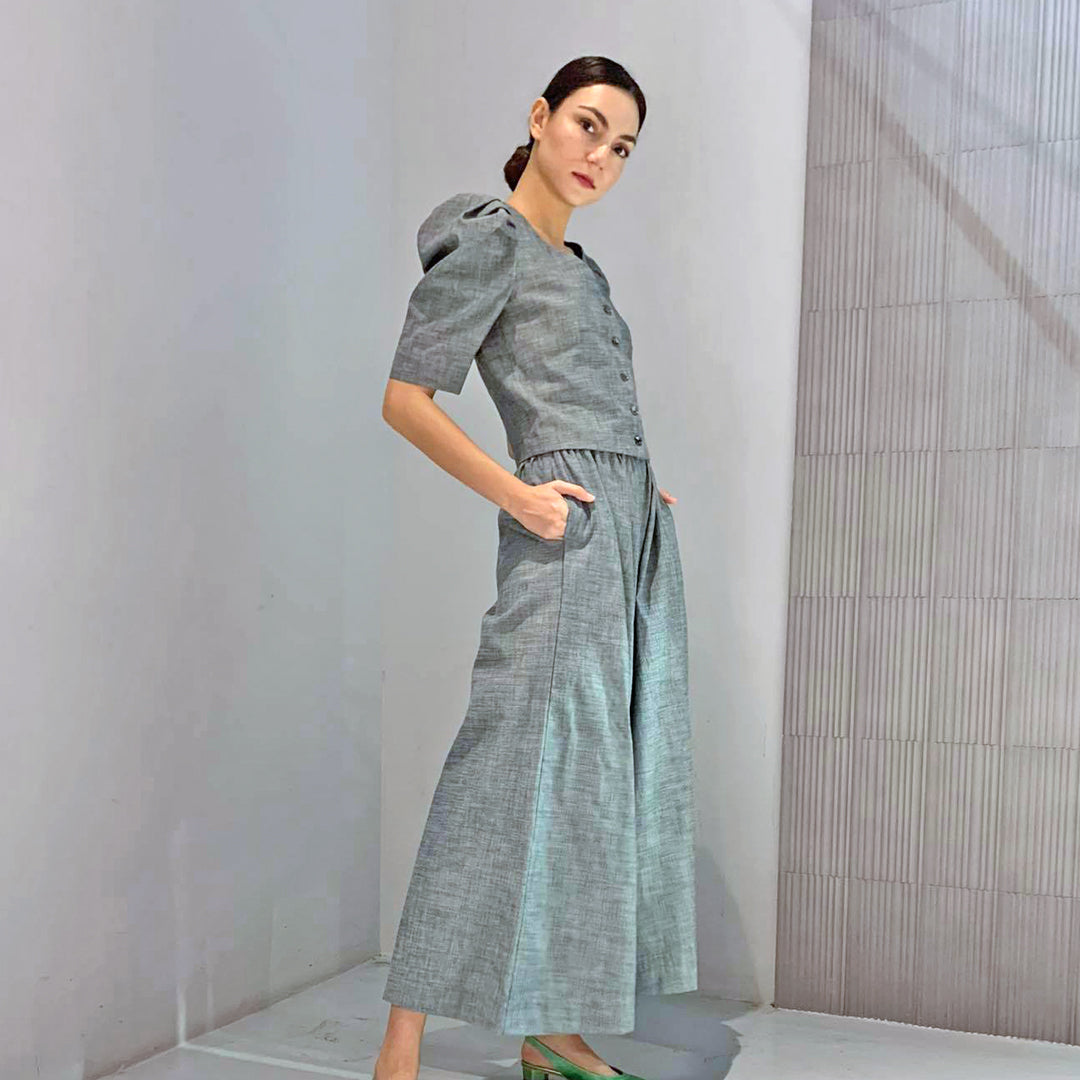 Soft Denim Elastic Waist Wide Hem Pants