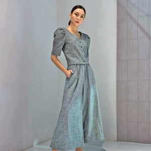 Soft Denim Elastic Waist Wide Hem Pants