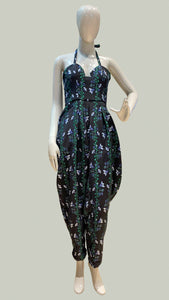 Sweetheart V-Cutout Baggy Jumpsuit - Black and Blue Floral