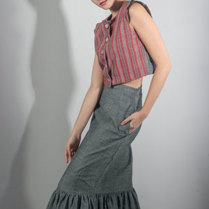 Soft Denim Flat Waistband Uneven Ruffle Hem Skirt