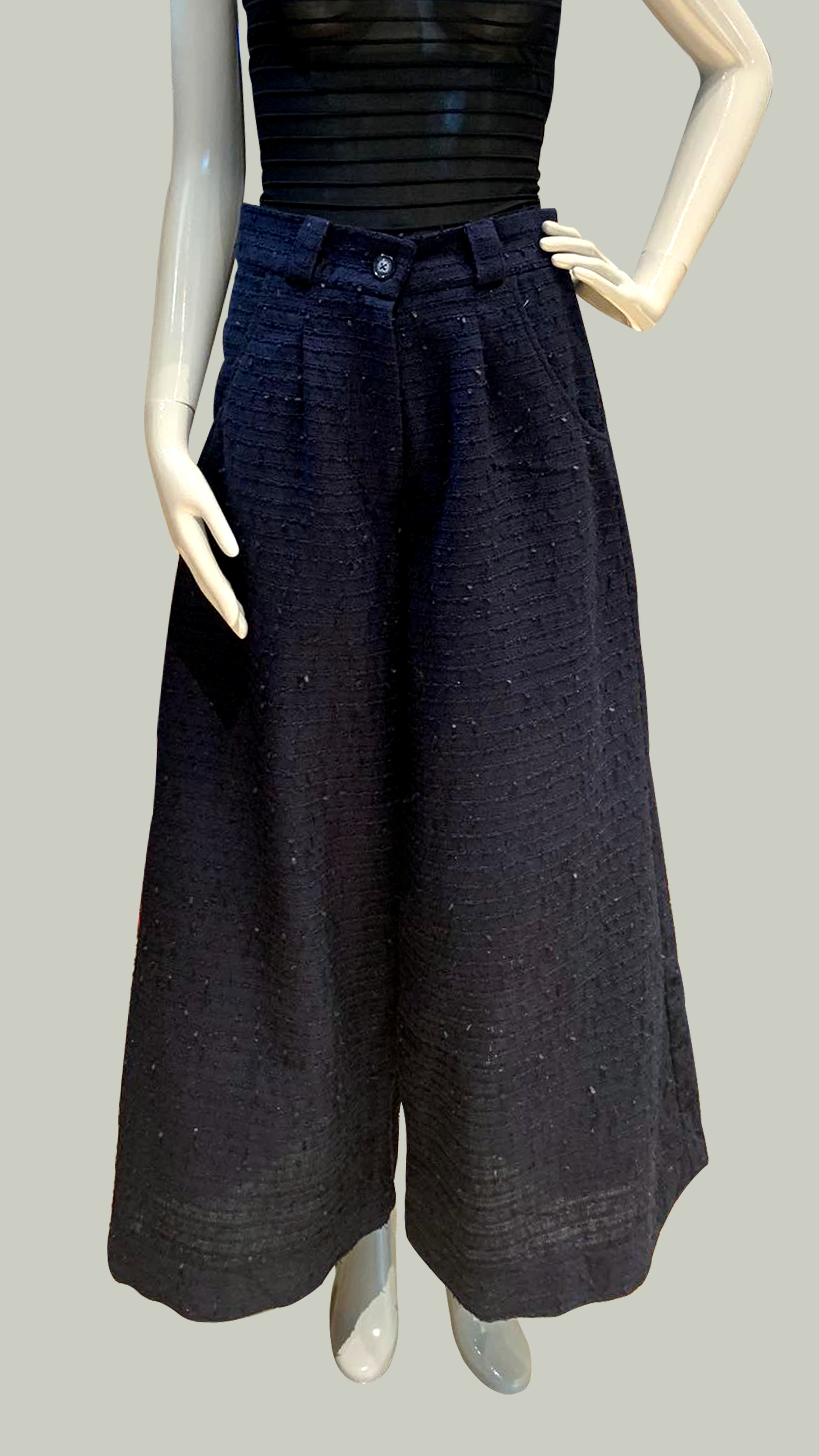 Flat Waistband Wide Hem Pants with Belt Loop in Blue Tweed